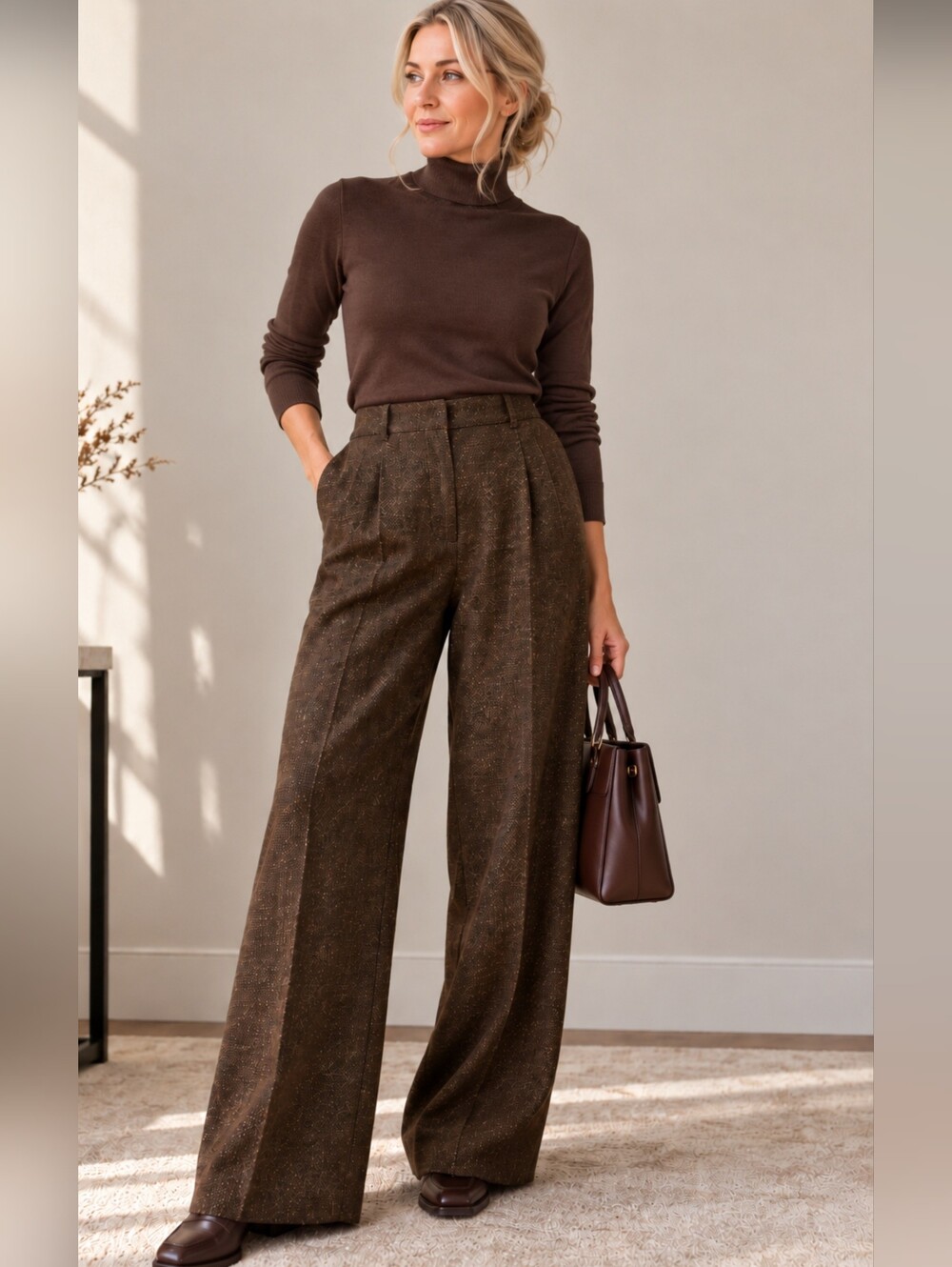 OLIVE Natural Fiber Wool-Like Tweed Wide Leg Pants Brown Size 32
